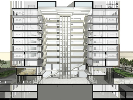 Vertical section featuring the functional units of the Court's headquarter